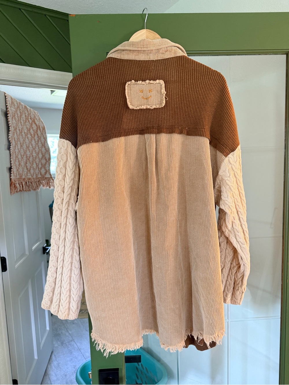 POL Two-Tone Corduroy & Cable Knit Shacket — Cream & Brown L - Picture 5 of 7